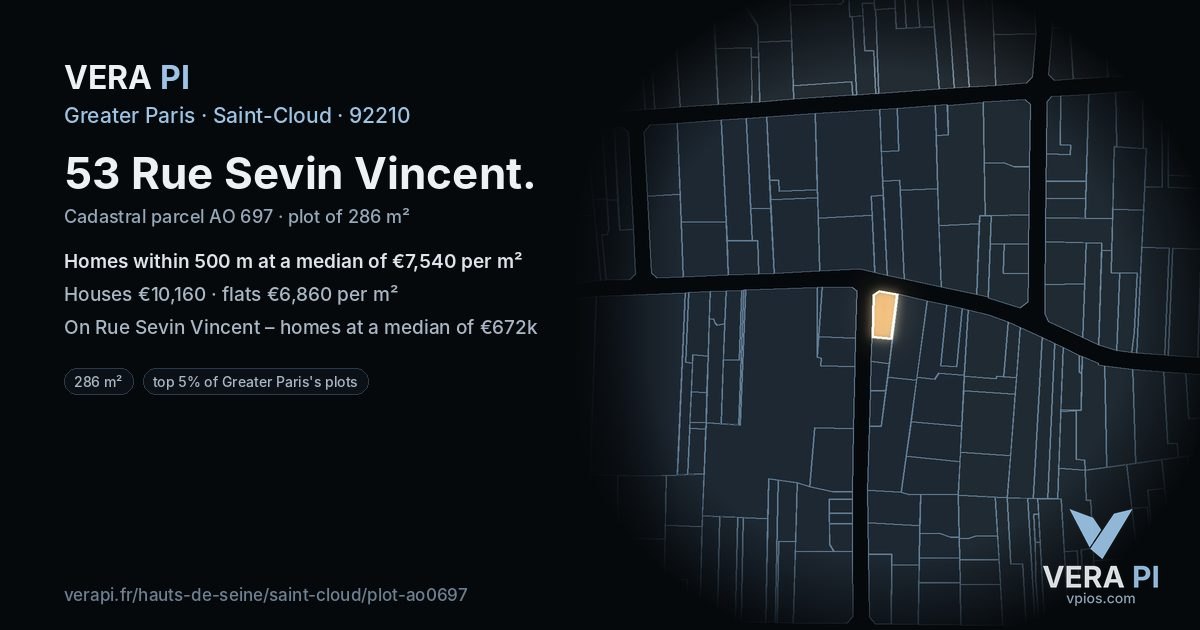 53 Rue Sevin Vincent, Saint-Cloud at night – the plot lit, the parcels around coloured by the prices near them