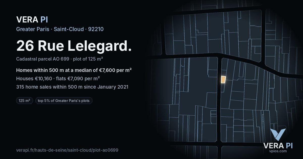 26 Rue Lelegard, Saint-Cloud at night – the plot lit, the parcels around coloured by the prices near them
