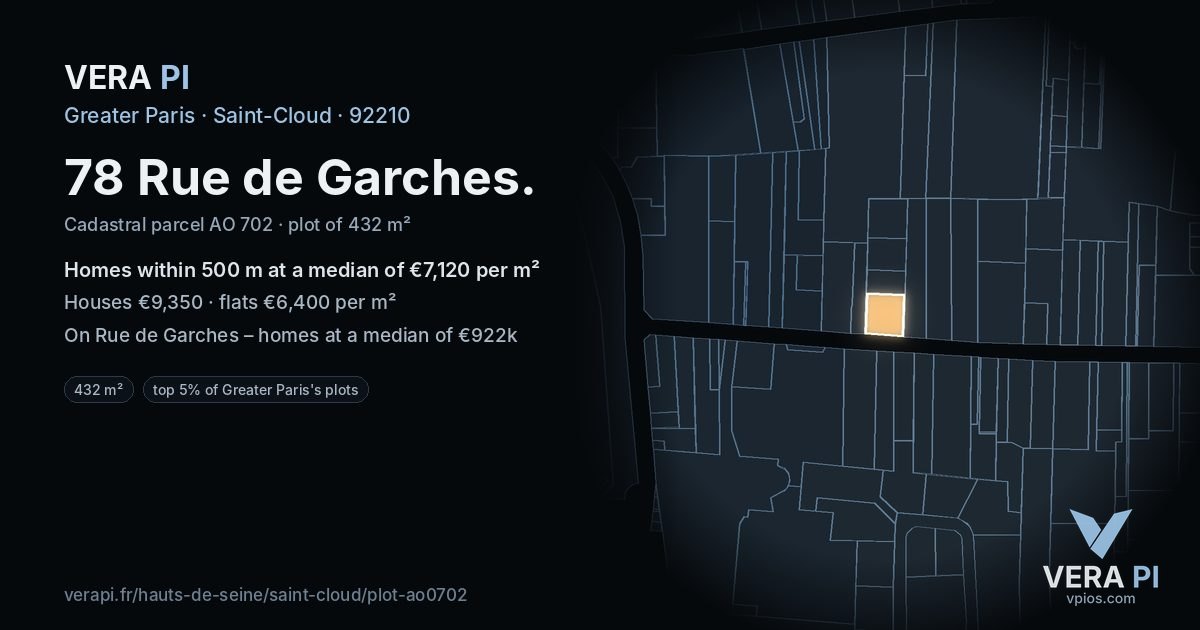 78 Rue de Garches, Saint-Cloud at night – the plot lit, the parcels around coloured by the prices near them