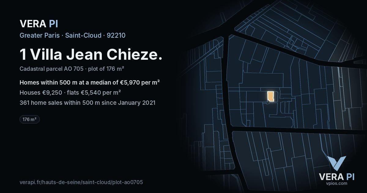 1 Villa Jean Chieze, Saint-Cloud at night – the plot lit, the parcels around coloured by the prices near them