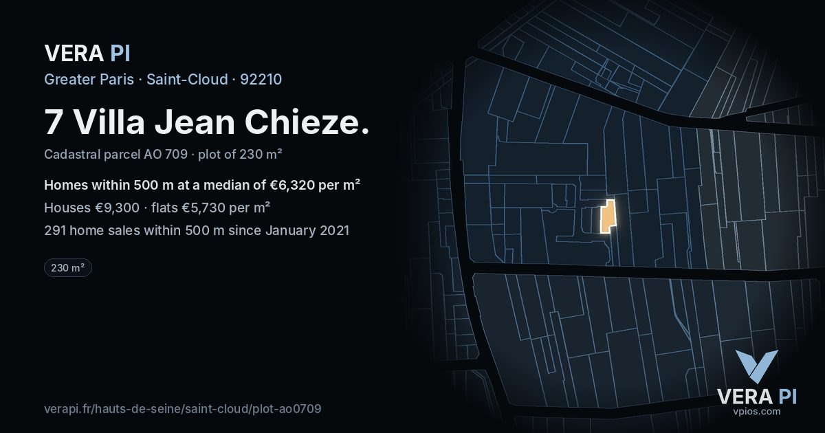 7 Villa Jean Chieze, Saint-Cloud at night – the plot lit, the parcels around coloured by the prices near them
