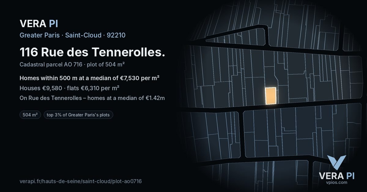 116 Rue des Tennerolles, Saint-Cloud at night – the plot lit, the parcels around coloured by the prices near them