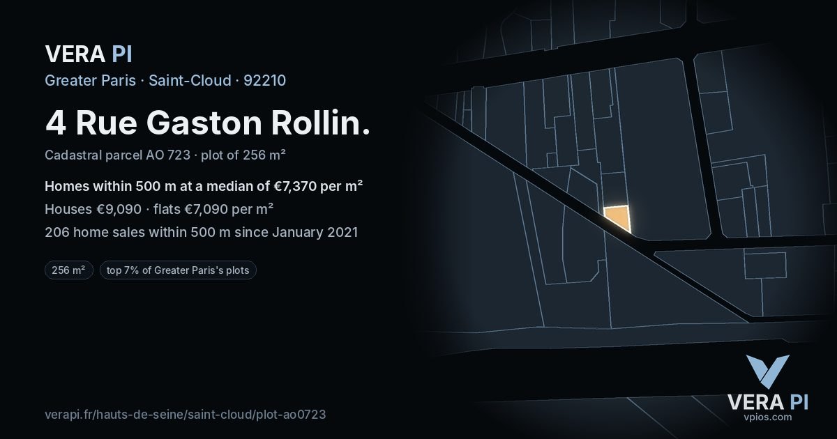 4 Rue Gaston Rollin, Saint-Cloud at night – the plot lit, the parcels around coloured by the prices near them
