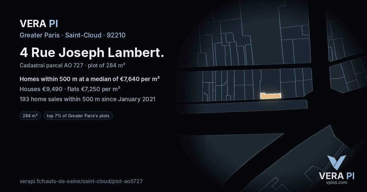 4 Rue Joseph Lambert, Saint-Cloud at night – the plot lit, the parcels around coloured by the prices near them