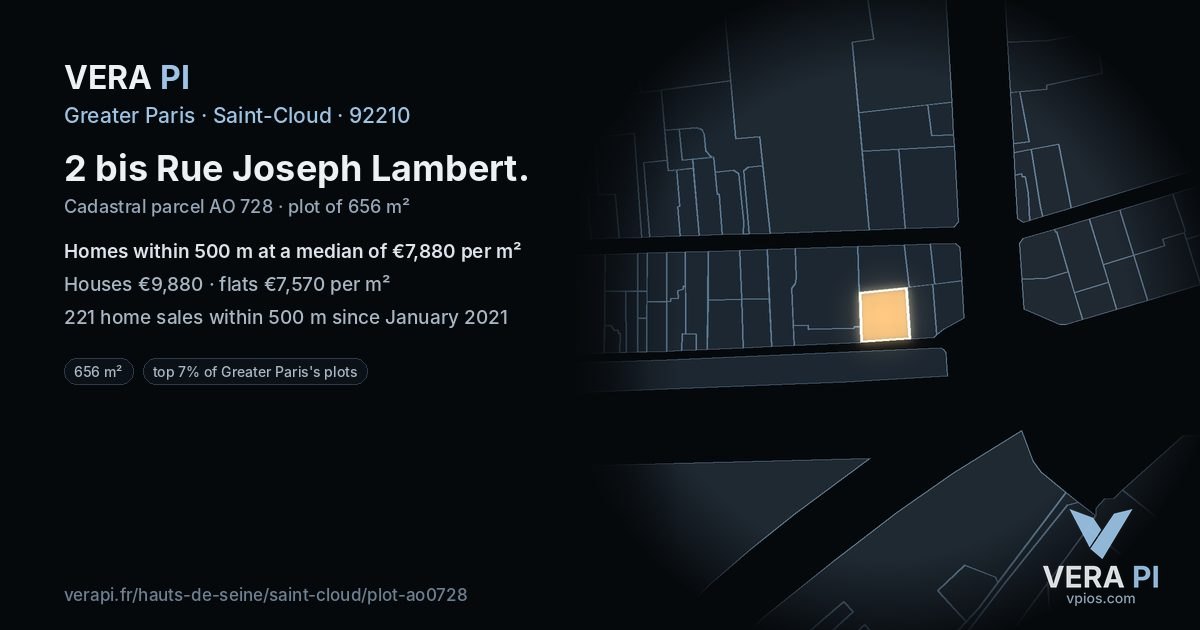 2 bis Rue Joseph Lambert, Saint-Cloud at night – the plot lit, the parcels around coloured by the prices near them