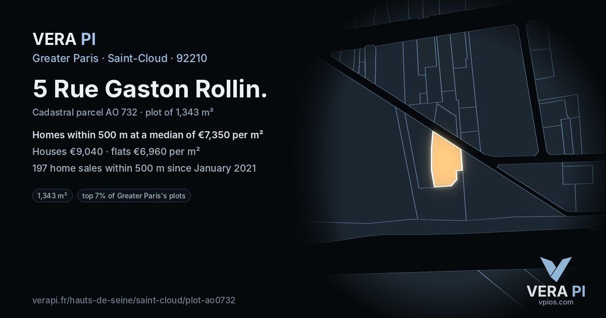 5 Rue Gaston Rollin, Saint-Cloud at night – the plot lit, the parcels around coloured by the prices near them