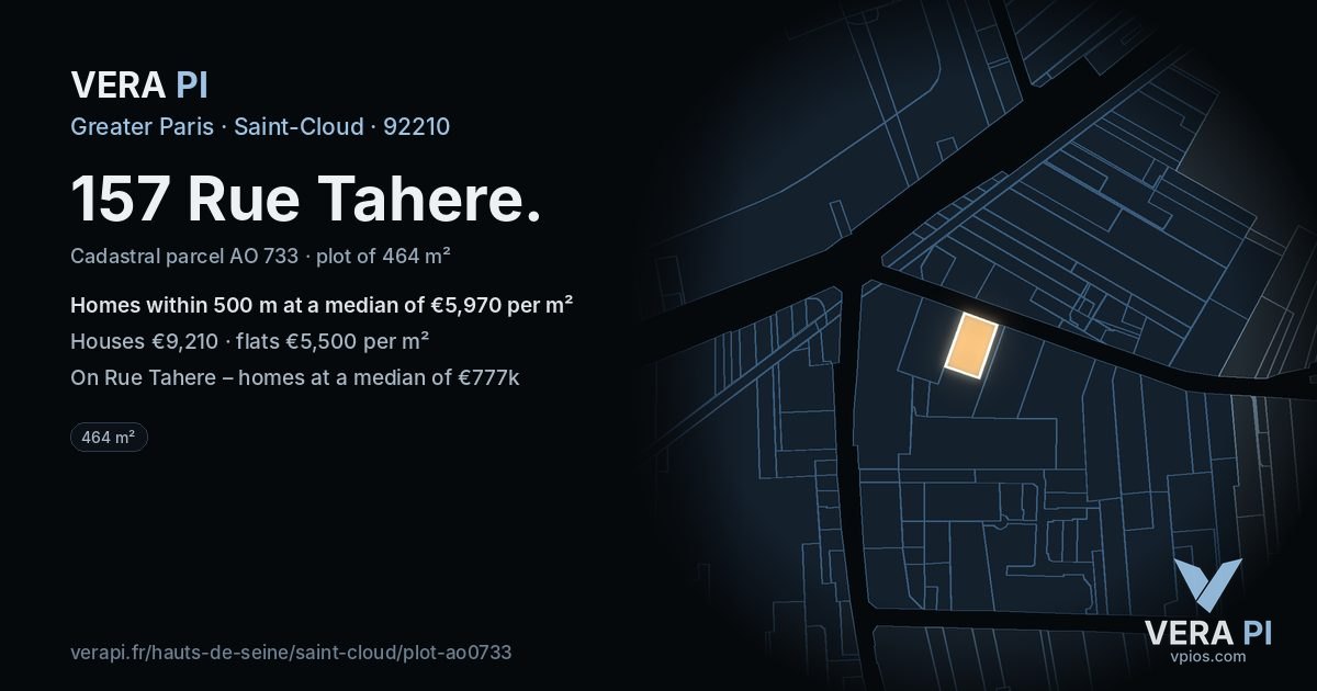 157 Rue Tahere, Saint-Cloud at night – the plot lit, the parcels around coloured by the prices near them