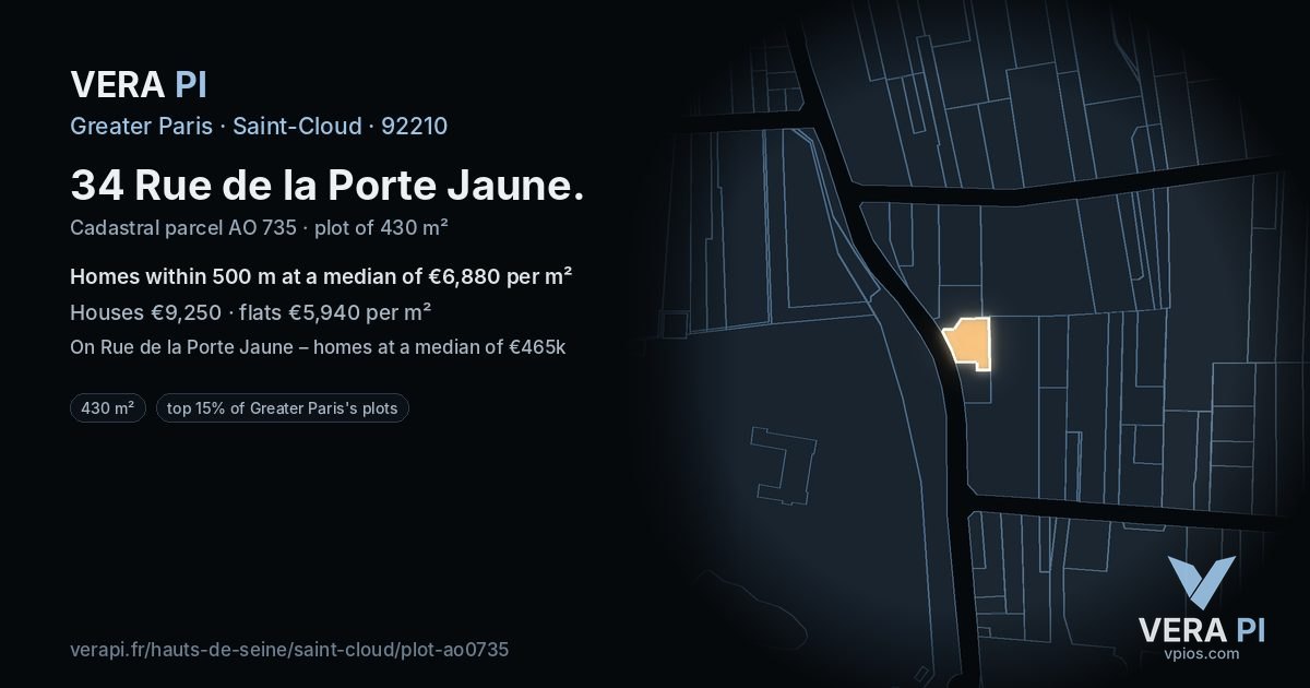 34 Rue de la Porte Jaune, Saint-Cloud at night – the plot lit, the parcels around coloured by the prices near them