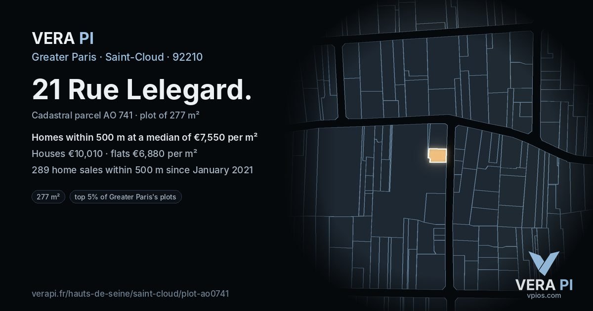 21 Rue Lelegard, Saint-Cloud at night – the plot lit, the parcels around coloured by the prices near them