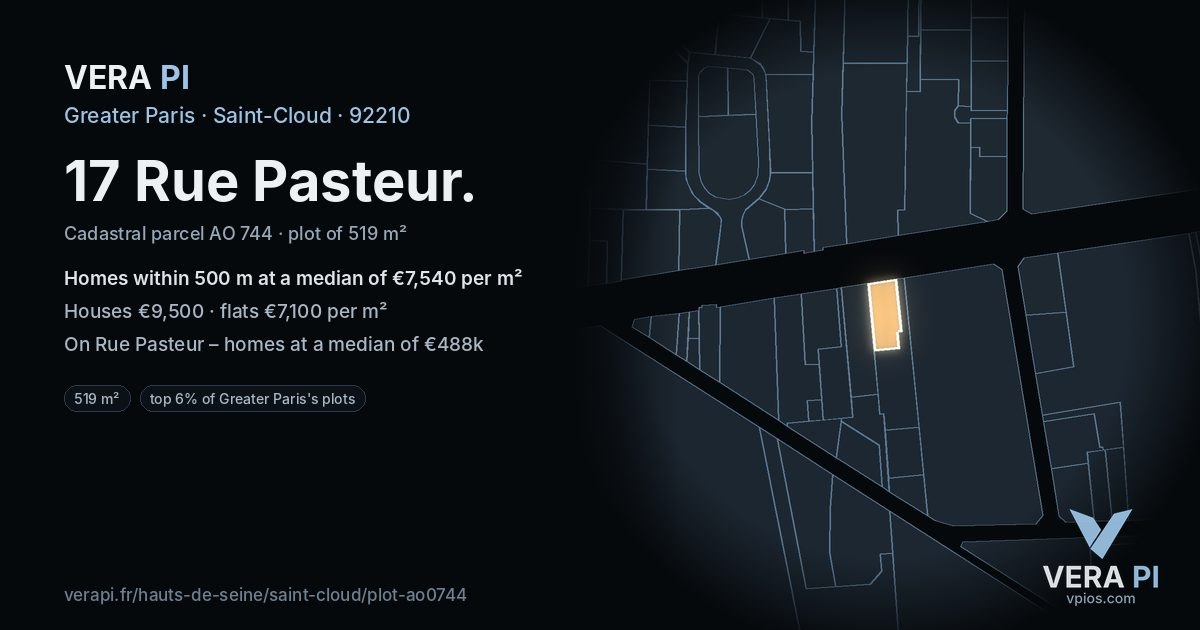 17 Rue Pasteur, Saint-Cloud at night – the plot lit, the parcels around coloured by the prices near them