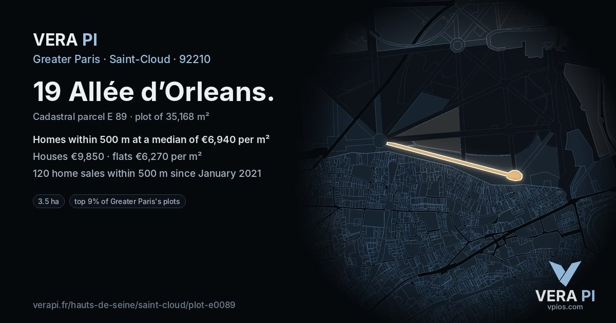 19 Allée d’Orleans, Saint-Cloud at night – the plot lit, the parcels around coloured by the prices near them