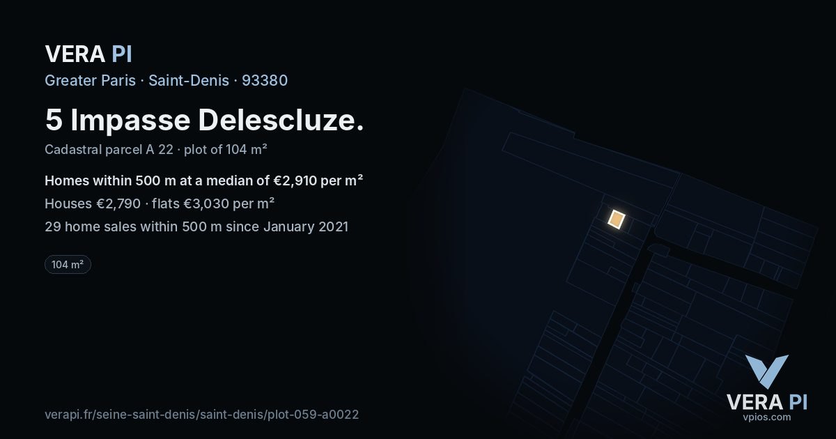 5 Impasse Delescluze, Saint-Denis at night – the plot lit, the parcels around coloured by the prices near them