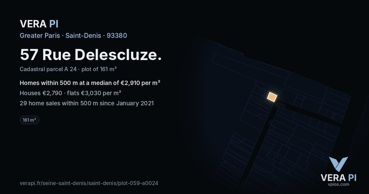 57 Rue Delescluze, Saint-Denis at night – the plot lit, the parcels around coloured by the prices near them