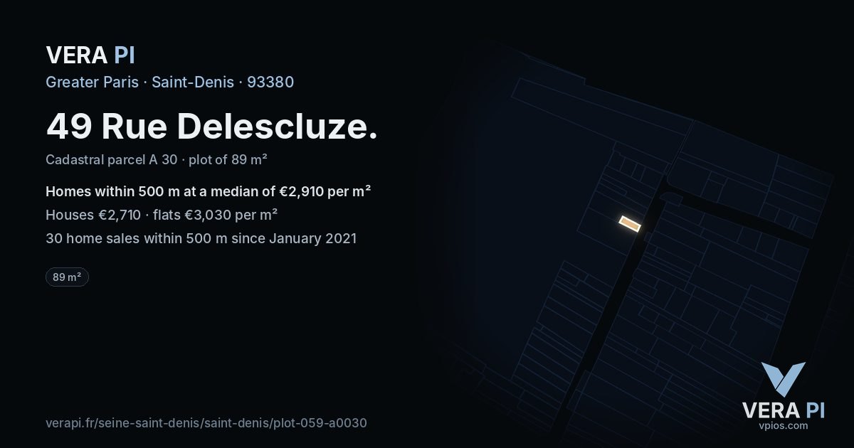 49 Rue Delescluze, Saint-Denis at night – the plot lit, the parcels around coloured by the prices near them