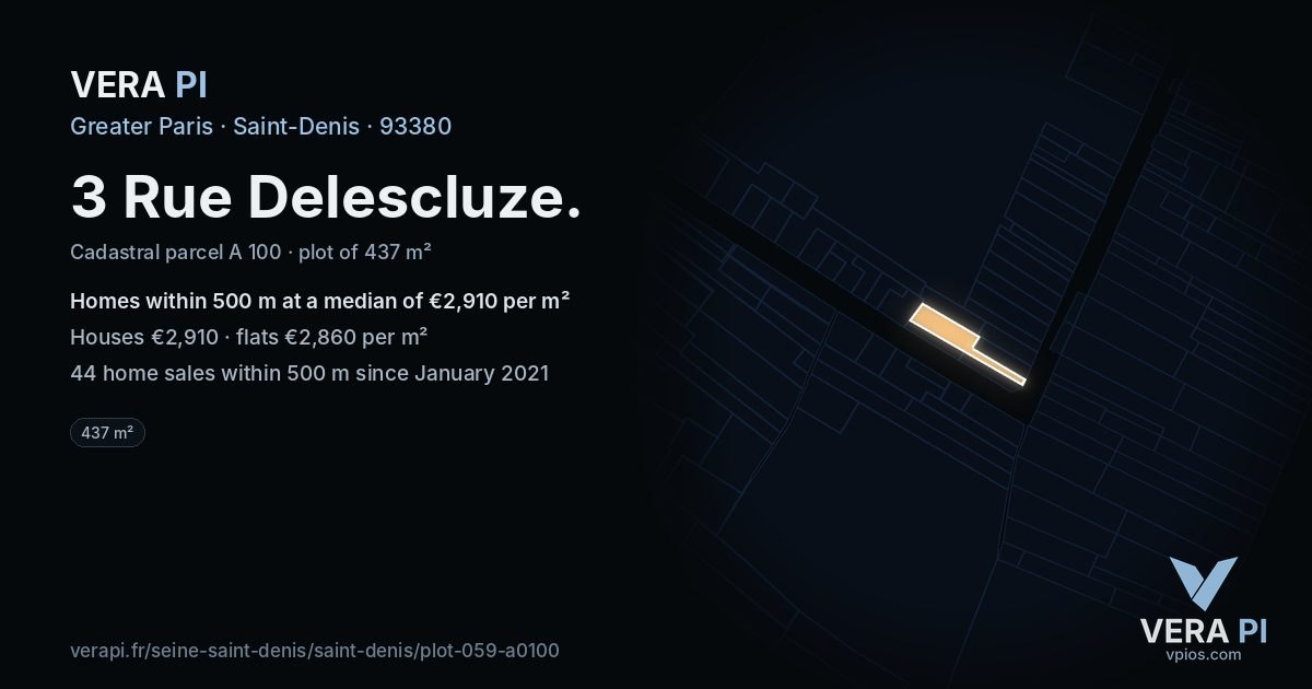 3 Rue Delescluze, Saint-Denis at night – the plot lit, the parcels around coloured by the prices near them