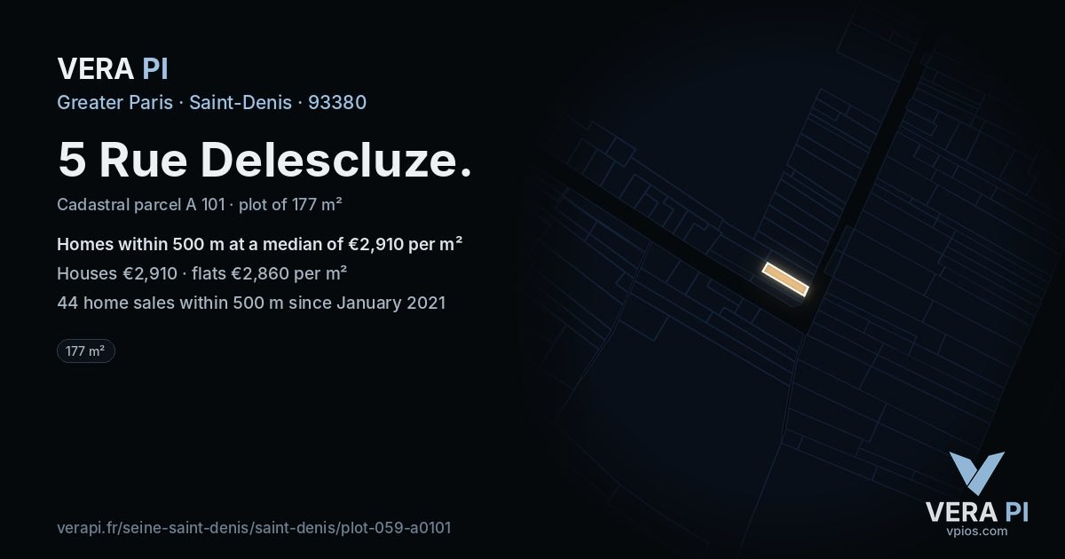 5 Rue Delescluze, Saint-Denis at night – the plot lit, the parcels around coloured by the prices near them