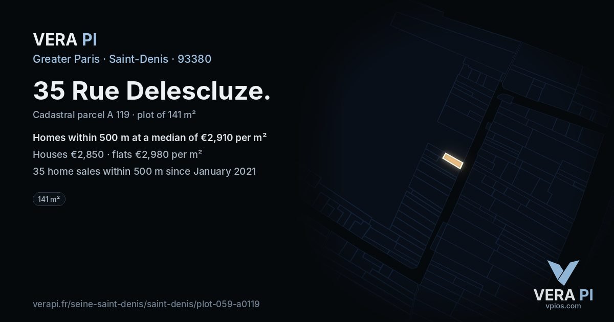 35 Rue Delescluze, Saint-Denis at night – the plot lit, the parcels around coloured by the prices near them