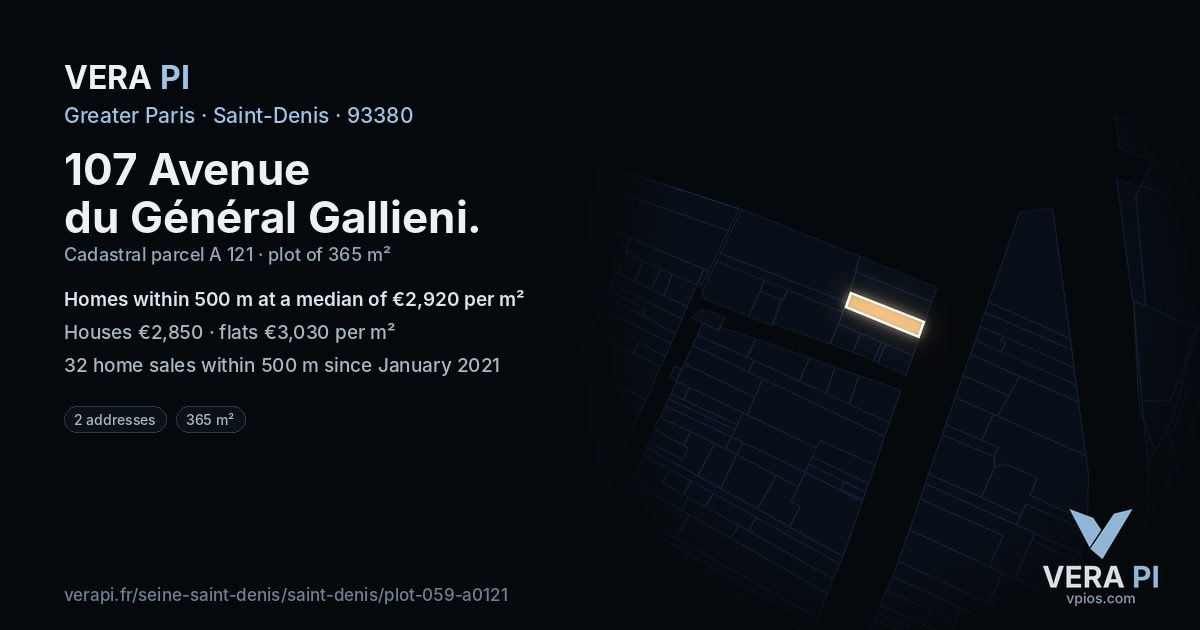 107 Avenue du Général Gallieni, Saint-Denis at night – the plot lit, the parcels around coloured by the prices near them