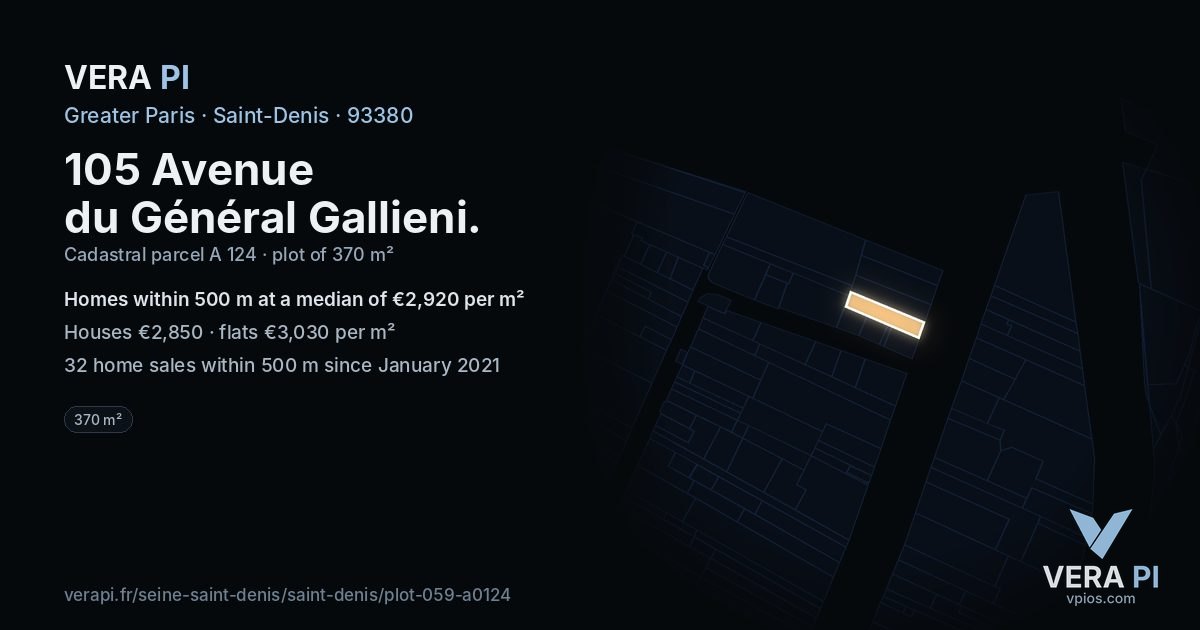 105 Avenue du Général Gallieni, Saint-Denis at night – the plot lit, the parcels around coloured by the prices near them