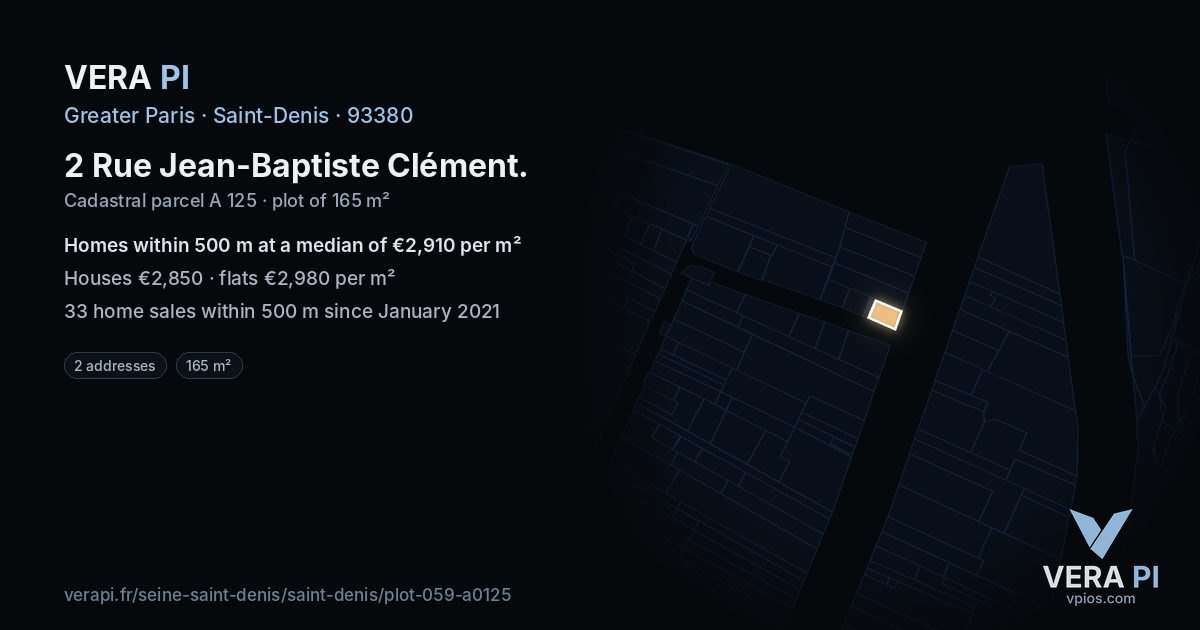 2 Rue Jean-Baptiste Clément, Saint-Denis at night – the plot lit, the parcels around coloured by the prices near them
