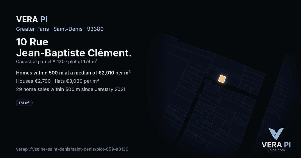 10 Rue Jean-Baptiste Clément, Saint-Denis at night – the plot lit, the parcels around coloured by the prices near them