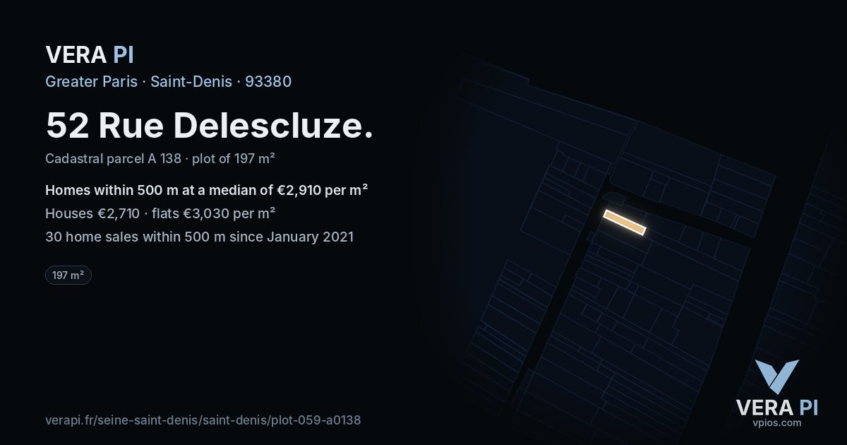 52 Rue Delescluze, Saint-Denis at night – the plot lit, the parcels around coloured by the prices near them