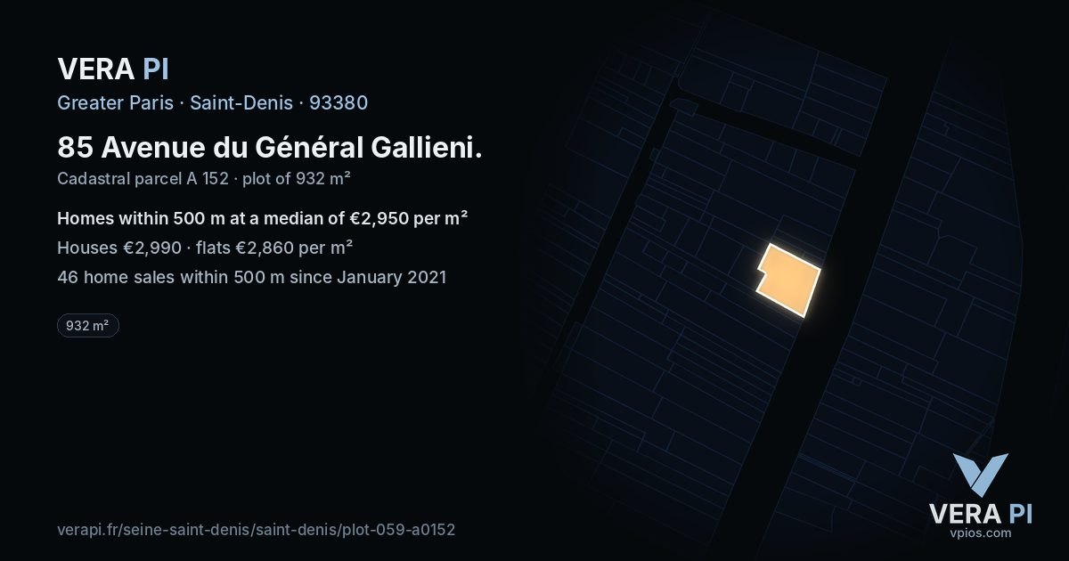 85 Avenue du Général Gallieni, Saint-Denis at night – the plot lit, the parcels around coloured by the prices near them