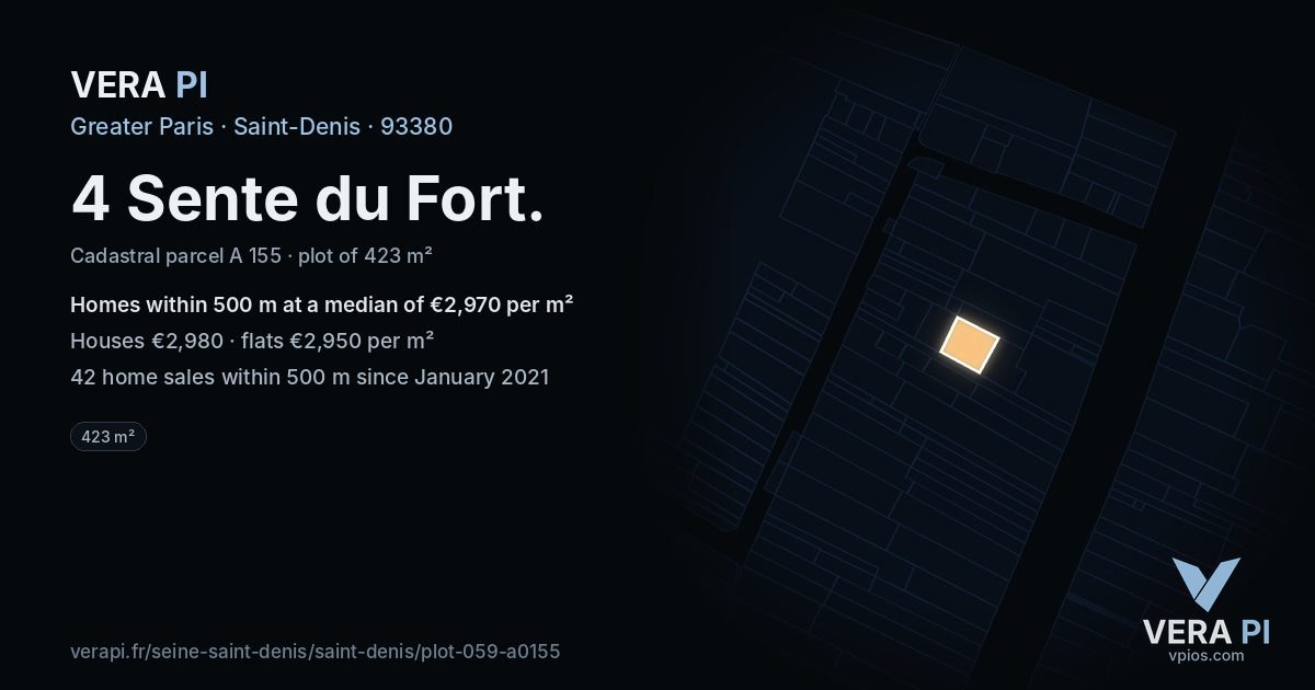 4 Sente du Fort, Saint-Denis at night – the plot lit, the parcels around coloured by the prices near them