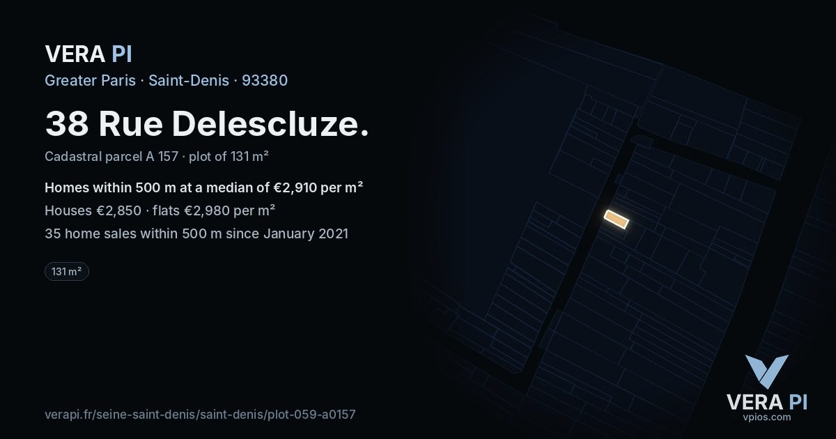 38 Rue Delescluze, Saint-Denis at night – the plot lit, the parcels around coloured by the prices near them