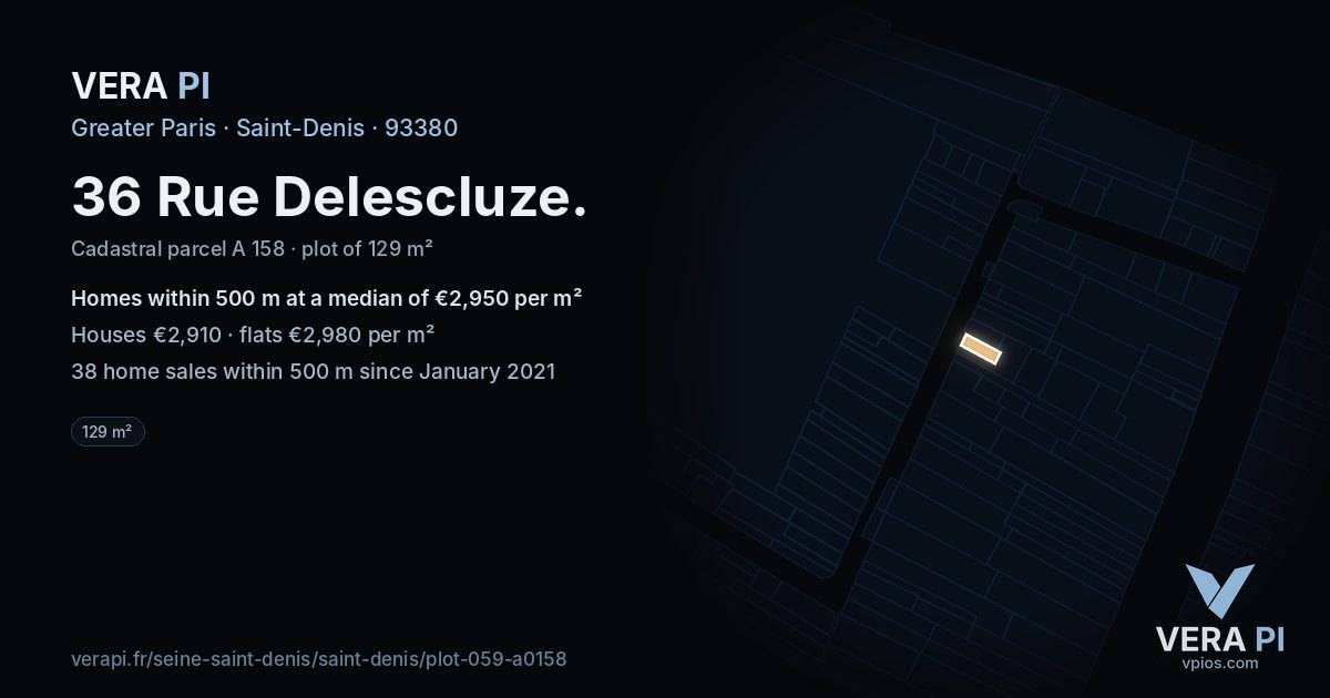 36 Rue Delescluze, Saint-Denis at night – the plot lit, the parcels around coloured by the prices near them