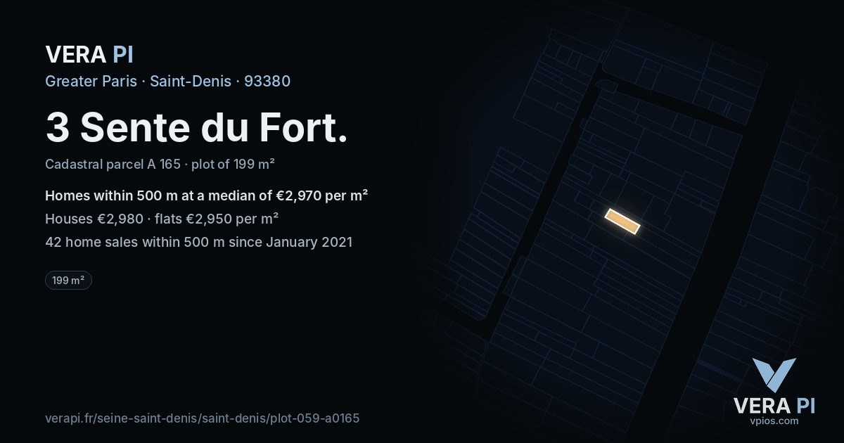 3 Sente du Fort, Saint-Denis at night – the plot lit, the parcels around coloured by the prices near them