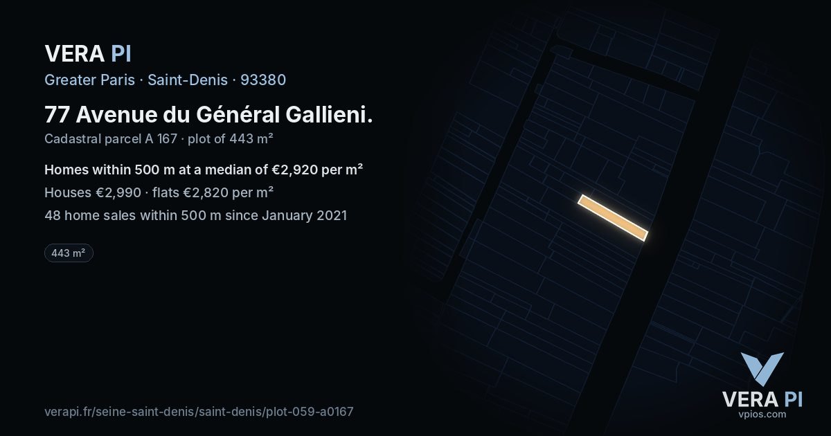 77 Avenue du Général Gallieni, Saint-Denis at night – the plot lit, the parcels around coloured by the prices near them