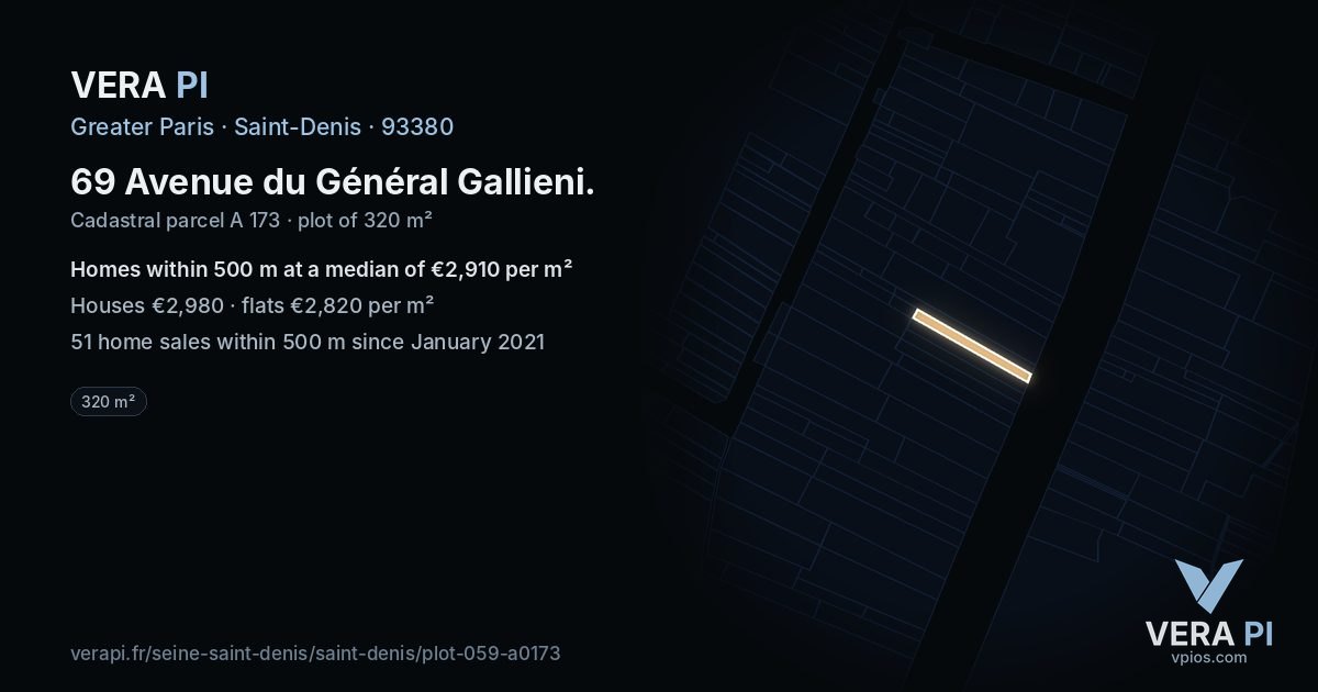 69 Avenue du Général Gallieni, Saint-Denis at night – the plot lit, the parcels around coloured by the prices near them