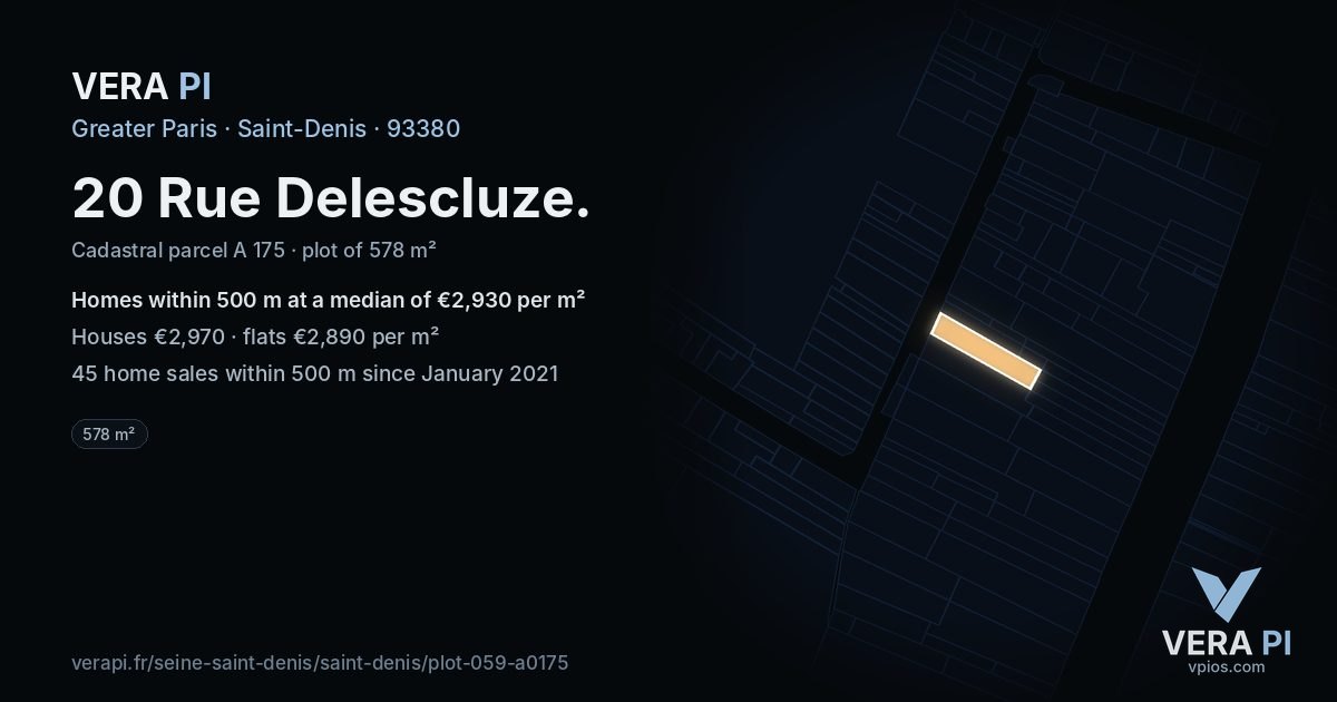 20 Rue Delescluze, Saint-Denis at night – the plot lit, the parcels around coloured by the prices near them