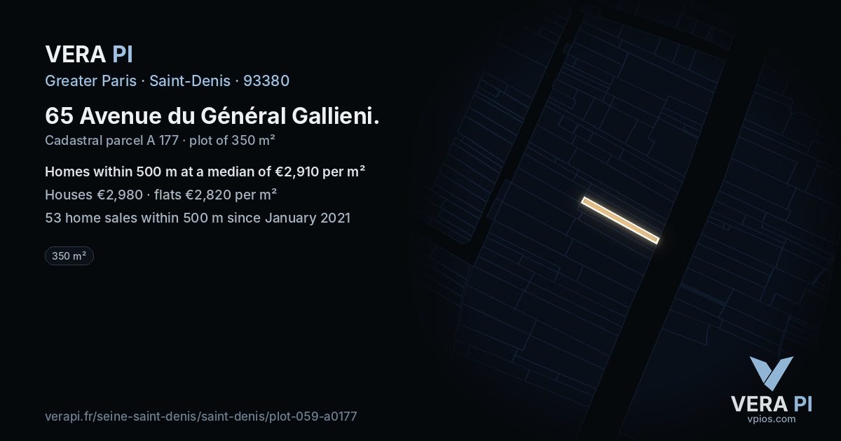65 Avenue du Général Gallieni, Saint-Denis at night – the plot lit, the parcels around coloured by the prices near them