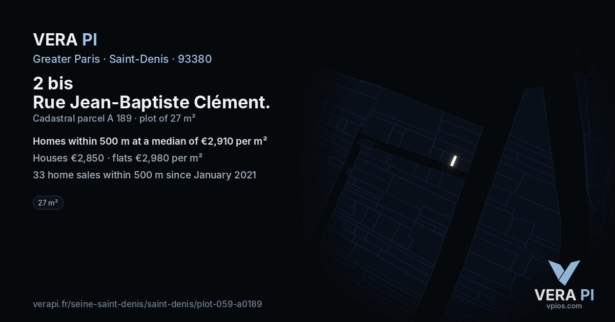 2 bis Rue Jean-Baptiste Clément, Saint-Denis at night – the plot lit, the parcels around coloured by the prices near them