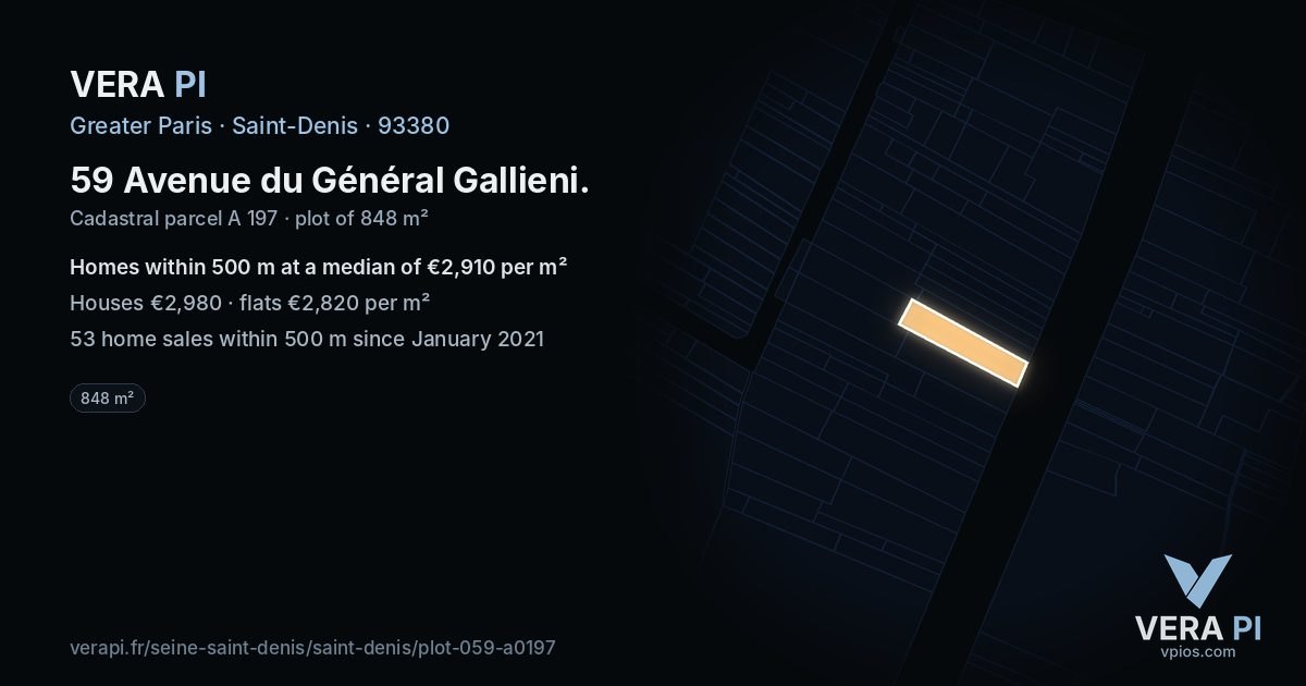 59 Avenue du Général Gallieni, Saint-Denis at night – the plot lit, the parcels around coloured by the prices near them