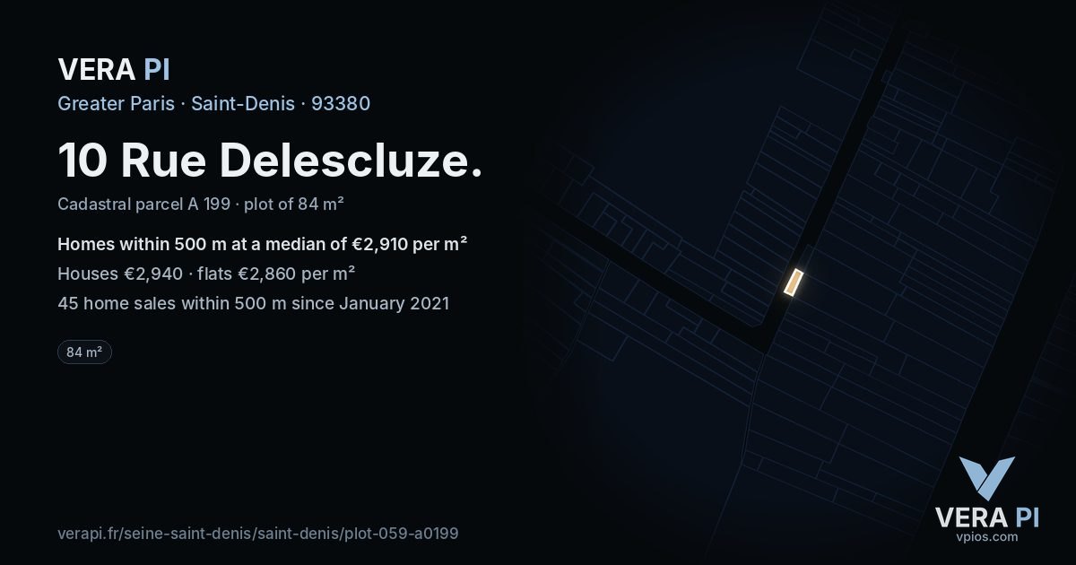 10 Rue Delescluze, Saint-Denis at night – the plot lit, the parcels around coloured by the prices near them