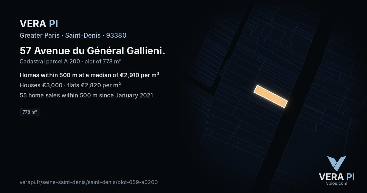 57 Avenue du Général Gallieni, Saint-Denis at night – the plot lit, the parcels around coloured by the prices near them