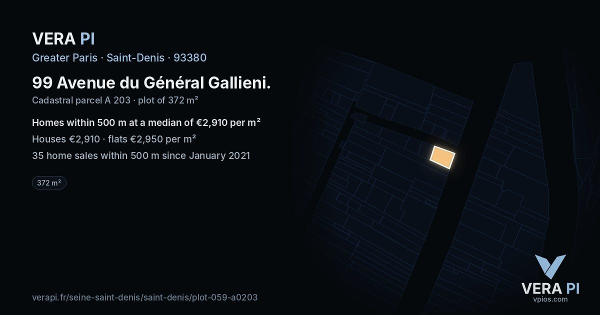99 Avenue du Général Gallieni, Saint-Denis at night – the plot lit, the parcels around coloured by the prices near them