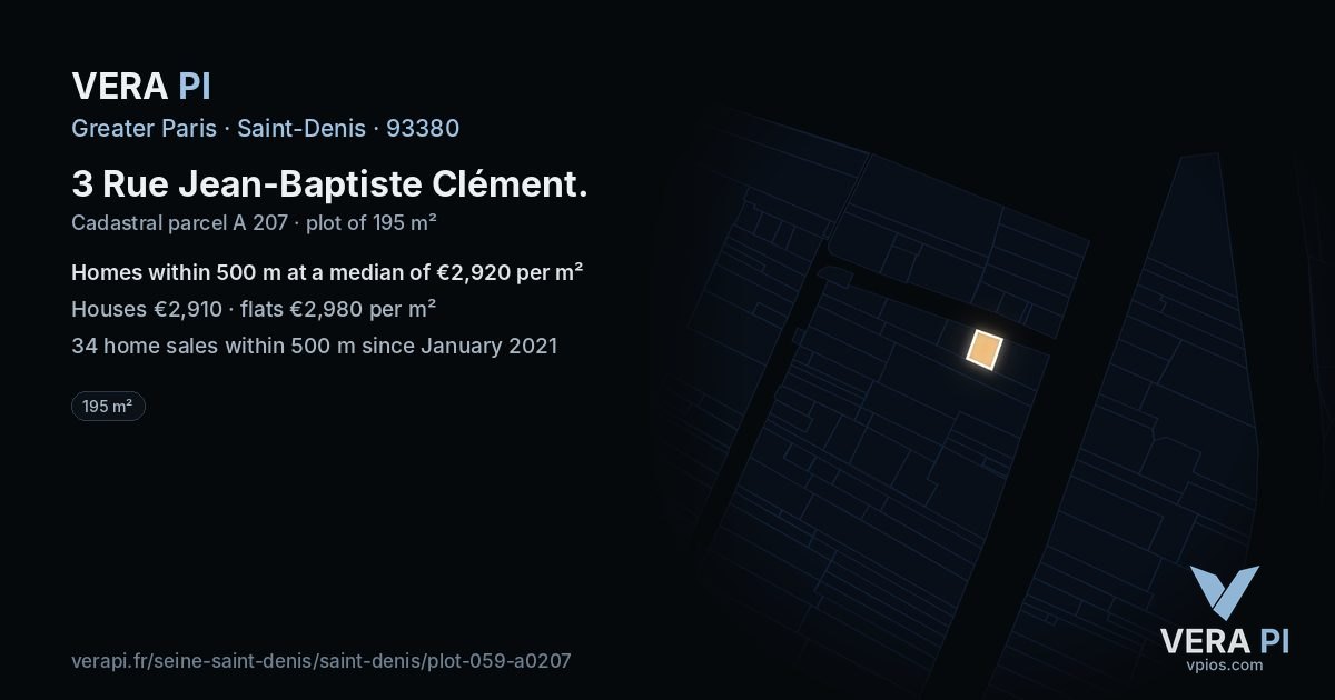 3 Rue Jean-Baptiste Clément, Saint-Denis at night – the plot lit, the parcels around coloured by the prices near them