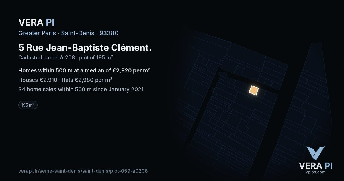 5 Rue Jean-Baptiste Clément, Saint-Denis at night – the plot lit, the parcels around coloured by the prices near them