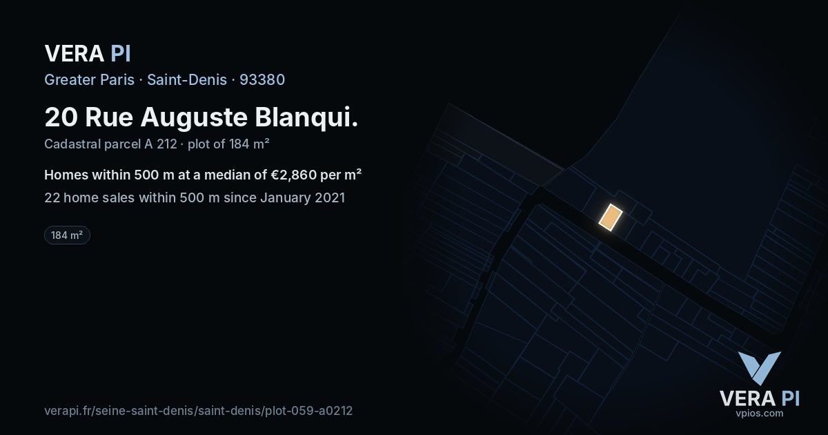 20 Rue Auguste Blanqui, Saint-Denis at night – the plot lit, the parcels around coloured by the prices near them