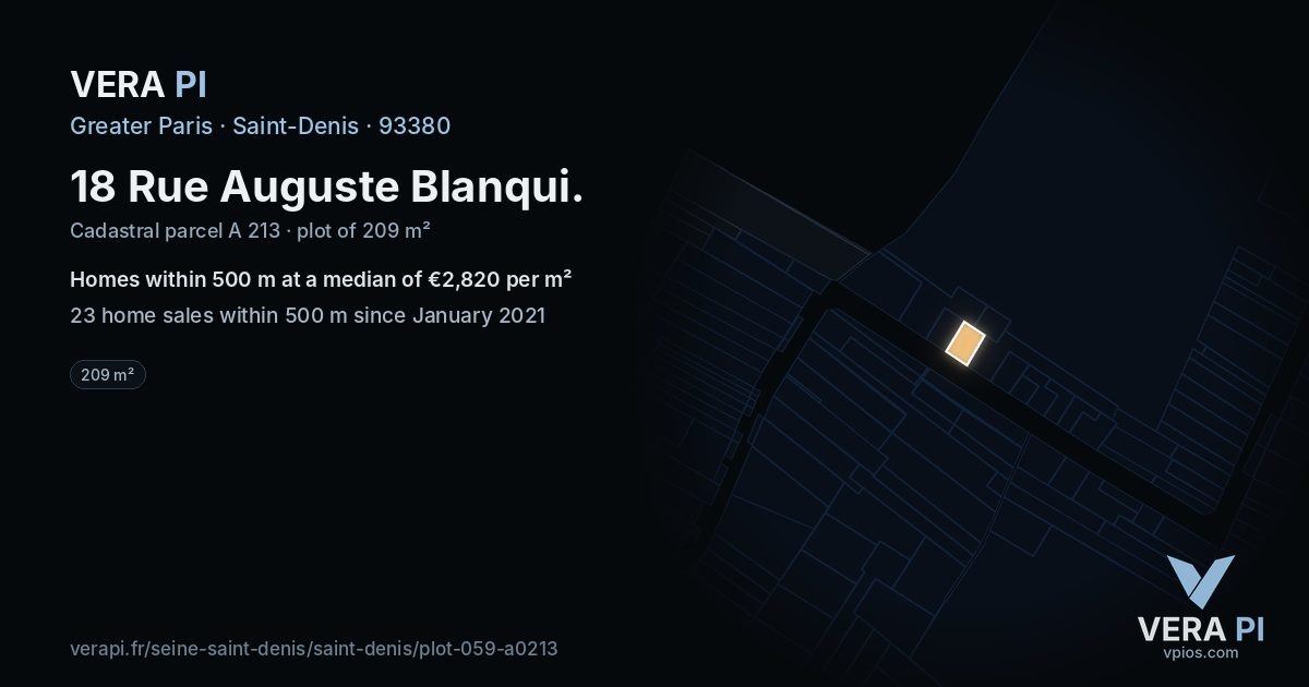 18 Rue Auguste Blanqui, Saint-Denis at night – the plot lit, the parcels around coloured by the prices near them