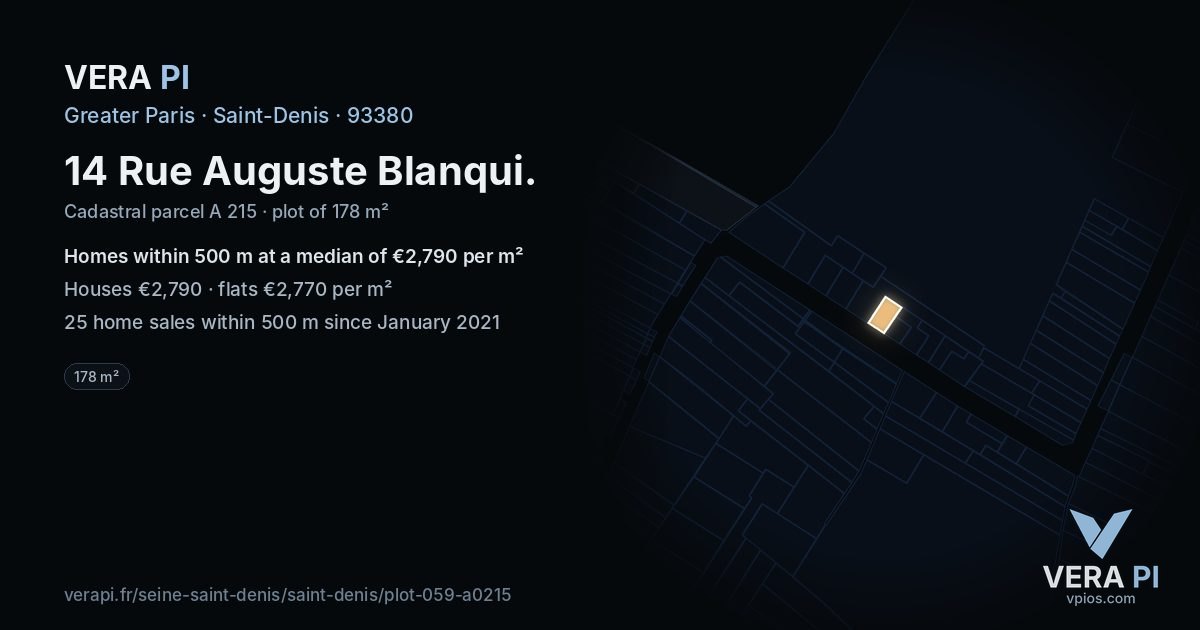 14 Rue Auguste Blanqui, Saint-Denis at night – the plot lit, the parcels around coloured by the prices near them