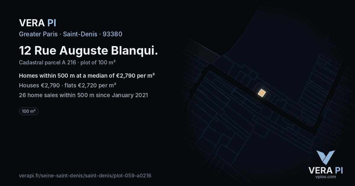 12 Rue Auguste Blanqui, Saint-Denis at night – the plot lit, the parcels around coloured by the prices near them