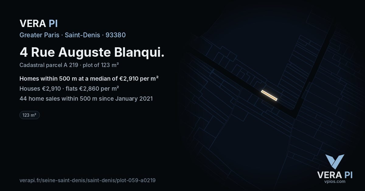 4 Rue Auguste Blanqui, Saint-Denis at night – the plot lit, the parcels around coloured by the prices near them