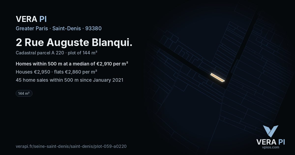 2 Rue Auguste Blanqui, Saint-Denis at night – the plot lit, the parcels around coloured by the prices near them