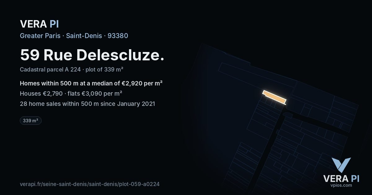 59 Rue Delescluze, Saint-Denis at night – the plot lit, the parcels around coloured by the prices near them