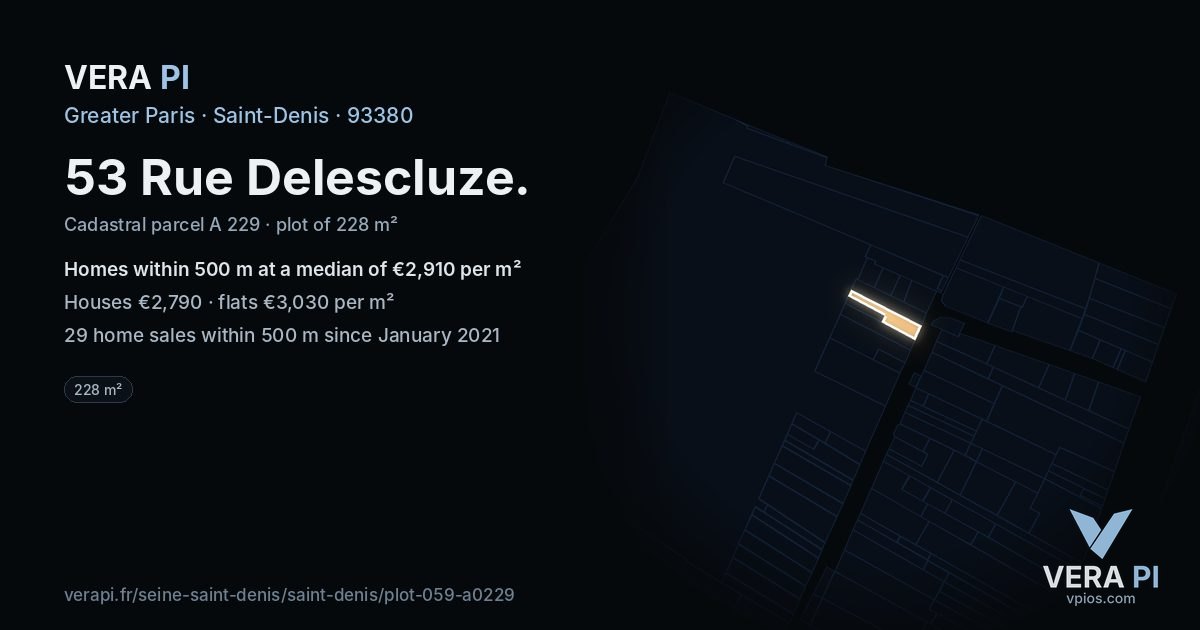 53 Rue Delescluze, Saint-Denis at night – the plot lit, the parcels around coloured by the prices near them